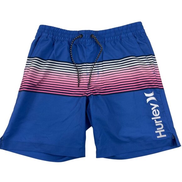 Hurley Mens M Blue Swim Trunks W/ Striped Design Elastic Waistband & Drawstring - Picture 1 of 5